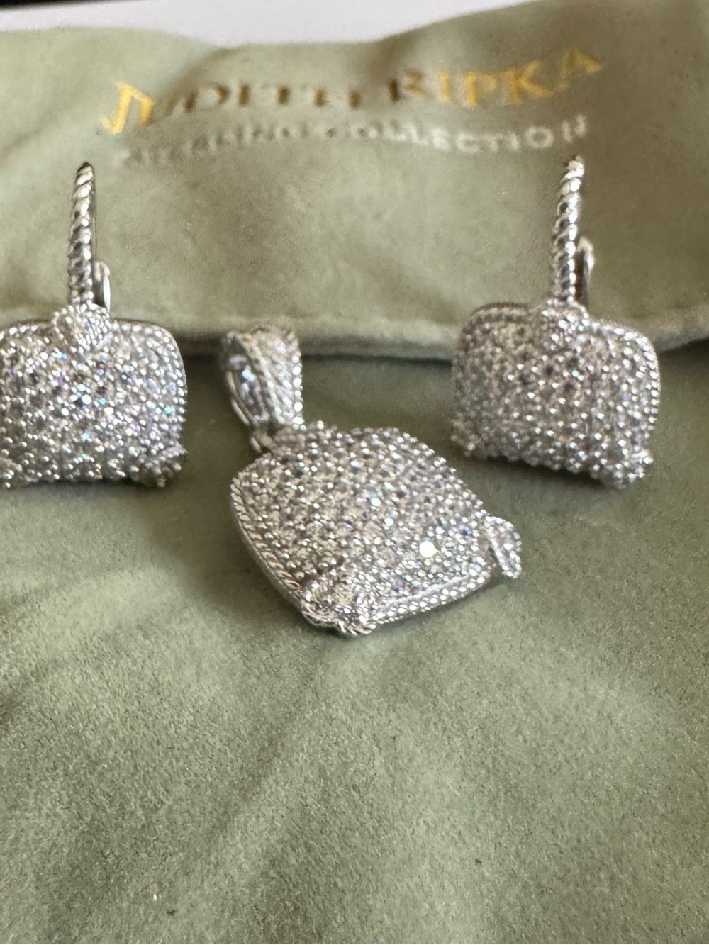 Judith Ripka 925 Silver Pave Diamonique Pendant & Earrings Set w/Heart Accents